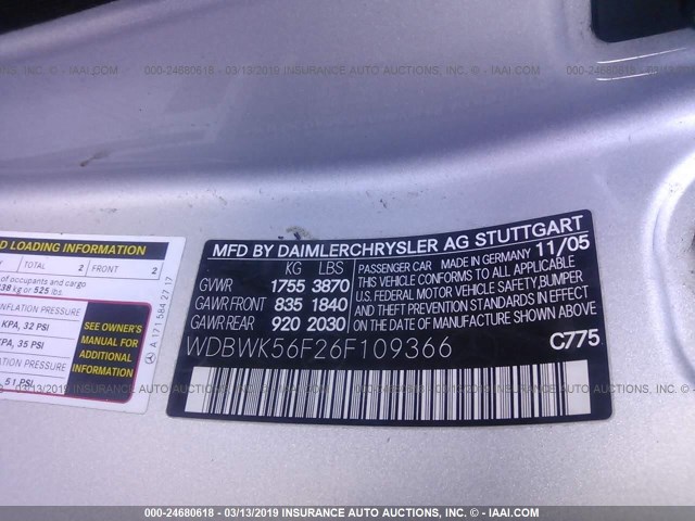 WDBWK56F26F109366 - 2006 MERCEDES-BENZ SLK 350 SILVER photo 9