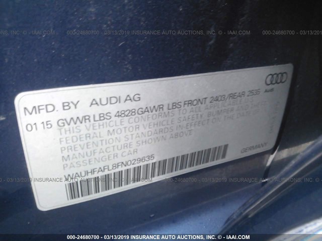 WAUHFAFL8FN029635 - 2015 AUDI A4 PREMIUM PLUS BLACK photo 9