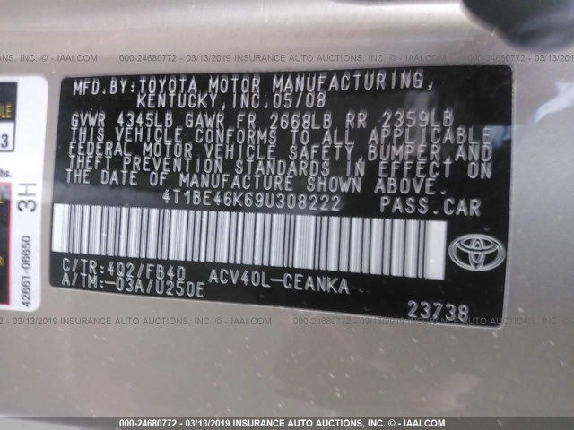 4T1BE46K69U308222 - 2009 TOYOTA CAMRY SE/LE/XLE GOLD photo 9