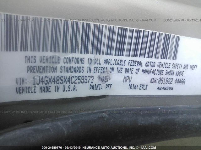 1J4GX48SX4C259973 - 2004 JEEP GRAND CHEROKEE LAREDO/COLUMBIA/FREEDOM 灰色 照片 9