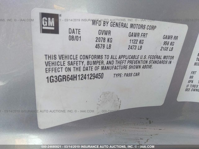 1G3GR64H124129450 - 2002 OLDSMOBILE AURORA SILVER photo 9