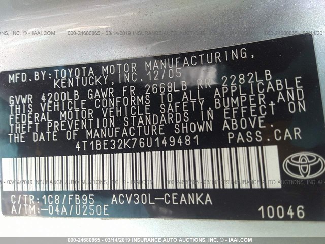 4T1BE32K76U149481 - 2006 TOYOTA CAMRY LE/XLE/SE SILVER photo 9