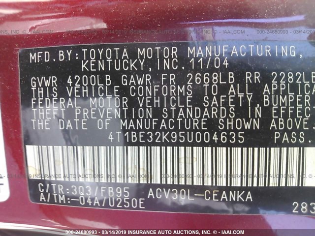 4T1BE32K95U004635 - 2005 TOYOTA CAMRY LE/XLE/SE RED photo 9