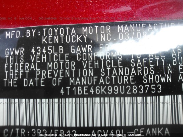 4T1BE46K99U283753 - 2009 TOYOTA CAMRY SE/LE/XLE RED photo 9