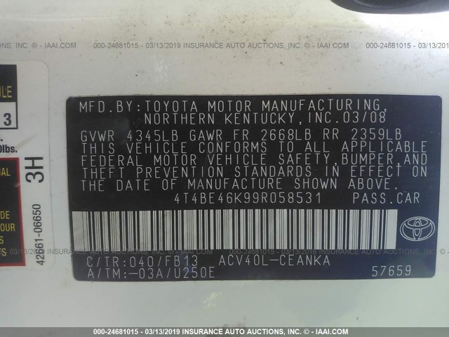 4T4BE46K99R058531 - 2009 TOYOTA CAMRY SE/LE/XLE 白色 照片 9