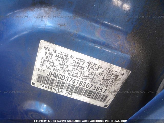 JHMGD37418S073857 - 2008 HONDA FIT BLUE photo 9