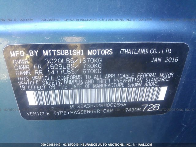 ML32A3HJ2HH002658 - 2017 MITSUBISHI MIRAGE ES Light Blue photo 9