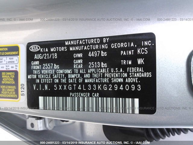 5XXGT4L33KG294093 - 2019 KIA OPTIMA LX/S SILVER photo 9