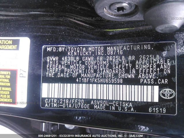 4T1BF1FK5HU659598 - 2017 TOYOTA CAMRY LE/XLE/SE/XSE BLACK photo 9