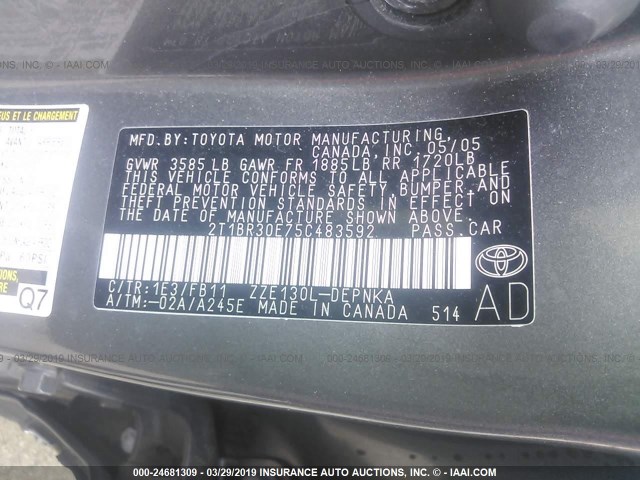 2T1BR30E75C483592 - 2005 TOYOTA COROLLA CE/LE/S BLACK photo 9