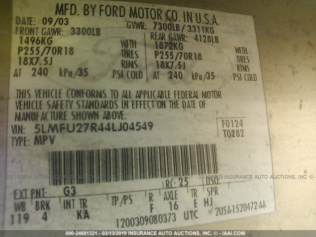 5LMFU27R44LJ04549 - 2004 LINCOLN NAVIGATOR BEIGE photo 9