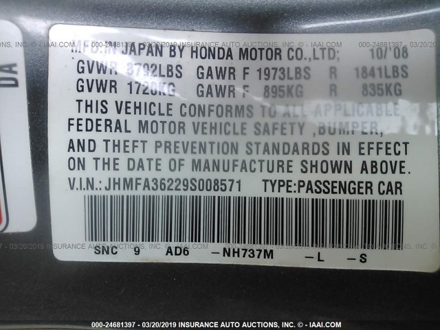 JHMFA36229S008571 - 2009 HONDA CIVIC HYBRID GRAY photo 9