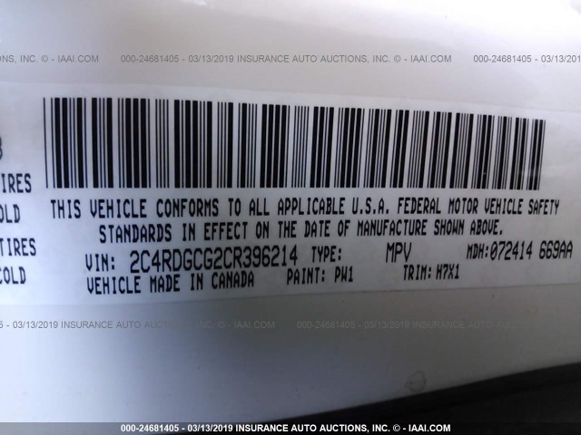 2C4RDGCG2CR396214 - 2012 DODGE GRAND CARAVAN SXT WHITE photo 9