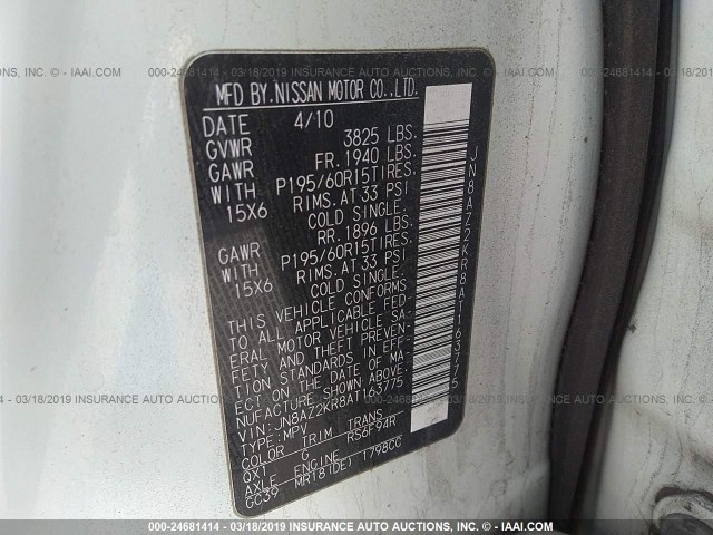 JN8AZ2KR8AT163775 - 2010 NISSAN CUBE S/SL/KROM WHITE photo 9