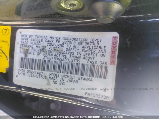 JTHBF30G920013739 - 2002 LEXUS ES 300 BLACK photo 9