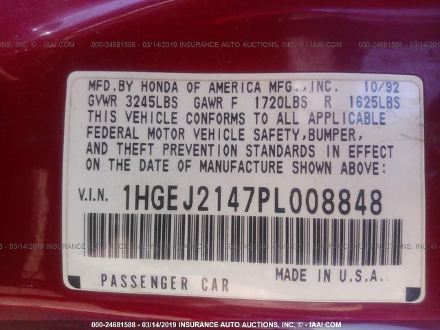 1HGEJ2147PL008848 - 1993 HONDA CIVIC DX 黑色 照片 9