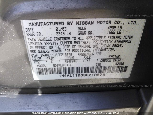 1N4AL11D03C218676 - 2003 NISSAN ALTIMA S/SL GRAY photo 9