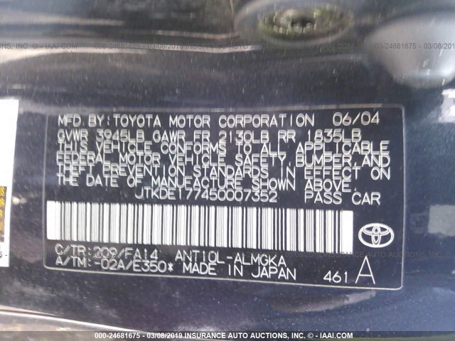 JTKDE177450007352 - 2005 TOYOTA SCION TC შავი ფოტო 9