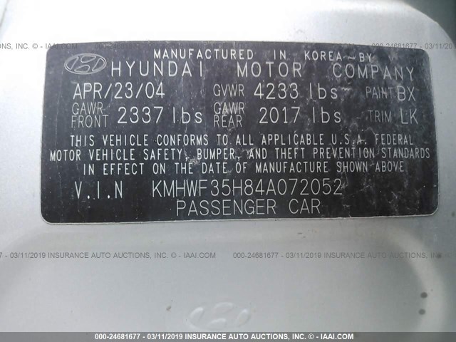 KMHWF35H84A072052 - 2004 HYUNDAI SONATA GLS/LX SILVER photo 9