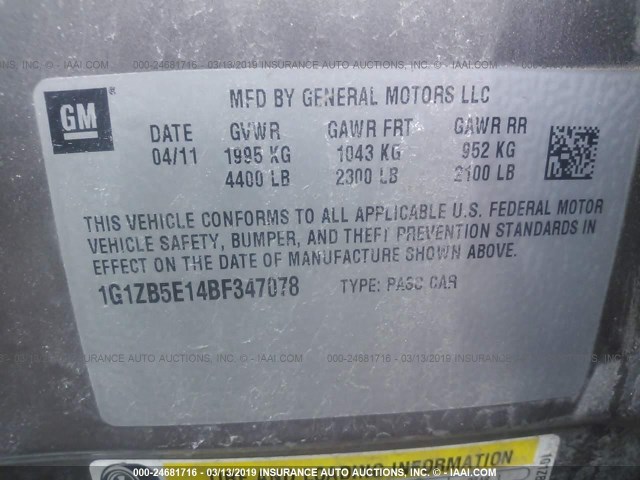 1G1ZB5E14BF347078 - 2011 CHEVROLET MALIBU LS 棕色 照片 9