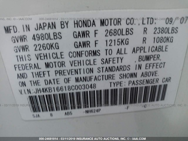 JH4KB16618C003048 - 2008 ACURA RL WHITE photo 9