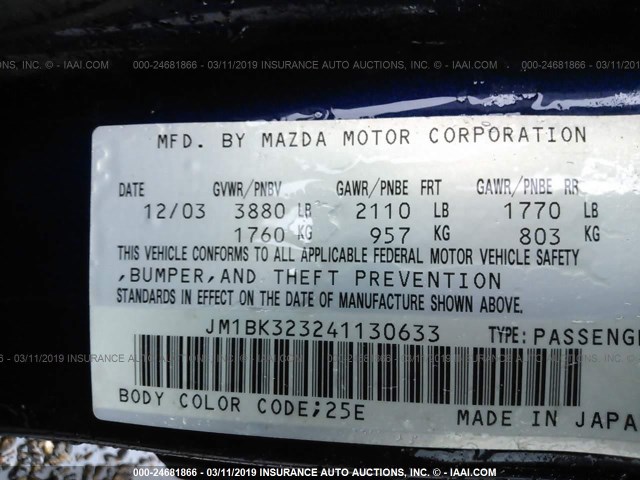 JM1BK323241130633 - 2004 MAZDA 3 S BLUE photo 9