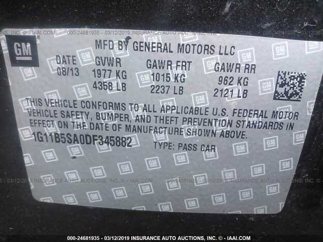 1G11B5SA0DF345882 - 2013 CHEVROLET MALIBU LS BLACK photo 9