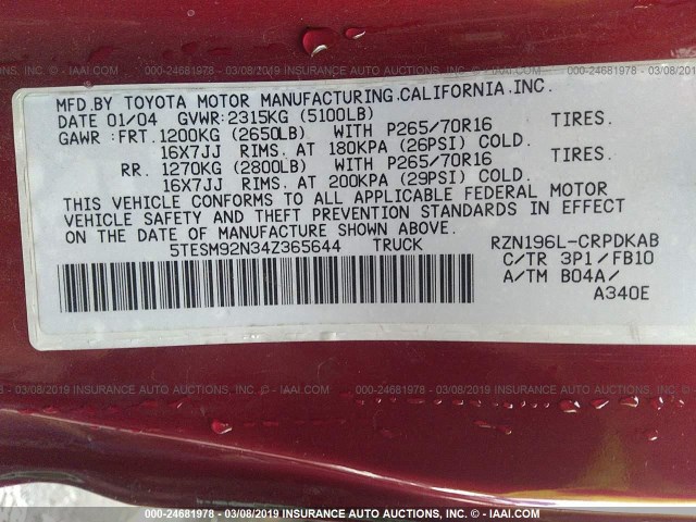 5TESM92N34Z365644 - 2004 TOYOTA TACOMA XTRACAB PRERUNNER RED photo 9