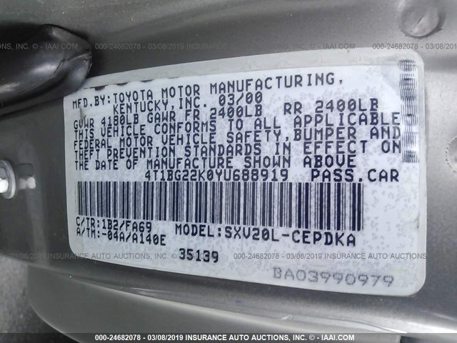 4T1BG22K0YU688919 - 2000 TOYOTA CAMRY CE/LE/XLE 灰色 照片 9