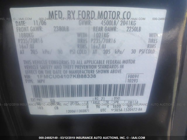 1FMCU04107KB88338 - 2007 FORD ESCAPE LIMITED BLACK photo 9