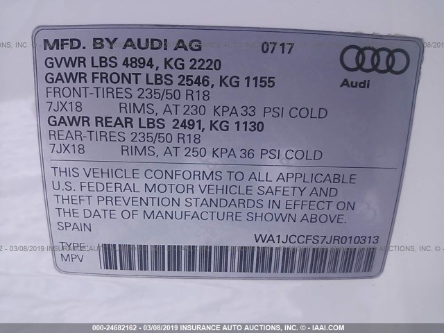 WA1JCCFS7JR010313 - 2018 AUDI Q3 PREMIUM PLUS WHITE photo 9