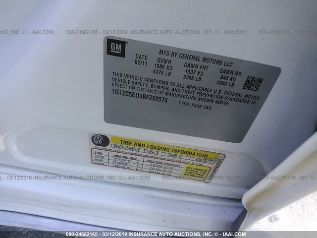 1G1ZC5EU9BF288570 - 2011 CHEVROLET MALIBU 1LT WHITE photo 9