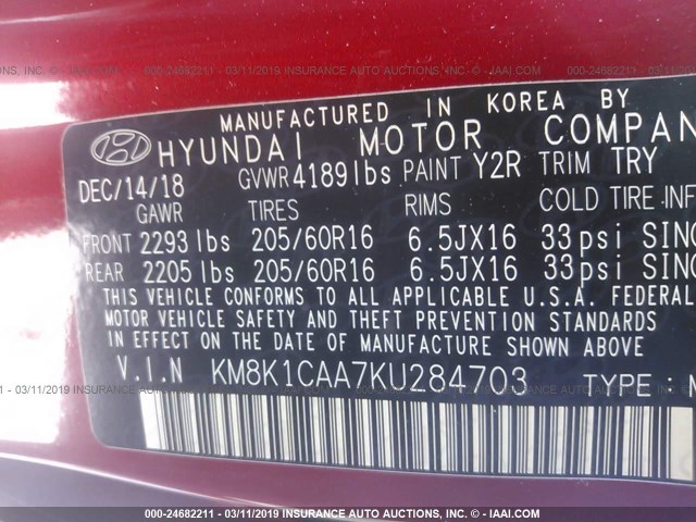 KM8K1CAA7KU284703 - 2019 HYUNDAI ULTIMATE/VALUE SE RED photo 9