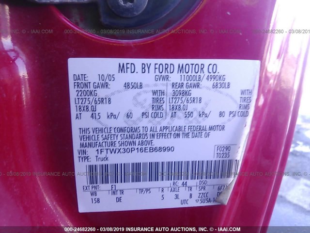 1FTWX30P16EB68990 - 2006 FORD F350 SRW SUPER DUTY RED photo 9