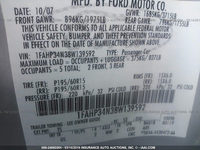 1FAHP34N38W139592 - 2008 FORD FOCUS S/SE GRAY photo 9