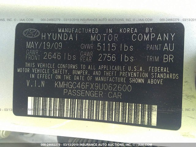 KMHGC46FX9U062600 - 2009 HYUNDAI GENESIS 4.6L SILVER photo 9