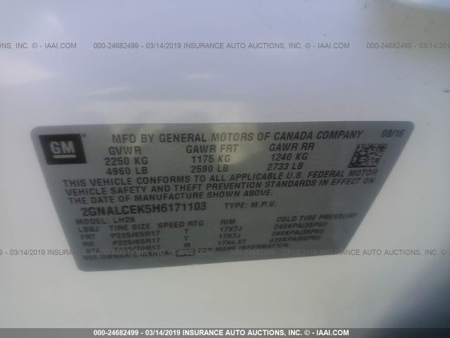 2GNALCEK5H6171103 - 2017 CHEVROLET EQUINOX LT WHITE photo 9