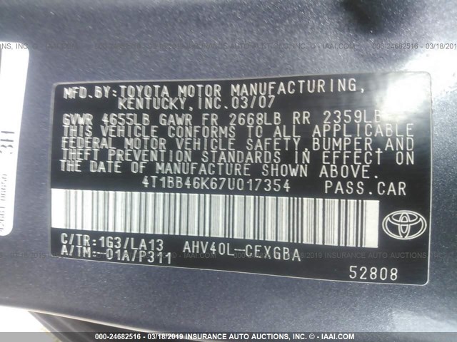 4T1BB46K67U017354 - 2007 TOYOTA CAMRY NEW GENERAT HYBRID GRAY photo 9