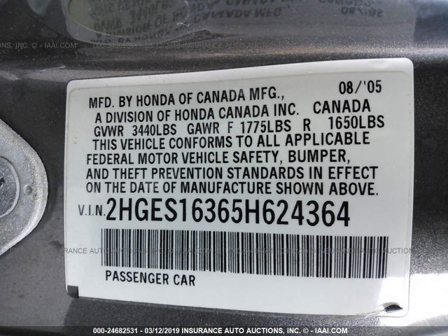 2HGES16365H624364 - 2005 HONDA CIVIC DX VP GRAY photo 9