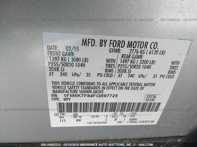 1FM5K7F84FGB97725 - 2015 FORD EXPLORER LIMITED SILVER photo 9