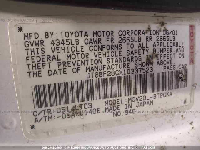 JT8BF28GX10337523 - 2001 LEXUS ES 300 WHITE photo 9