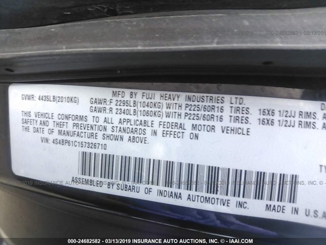 4S4BP61C157326710 - 2005 SUBARU LEGACY OUTBACK 2.5I BLACK photo 9