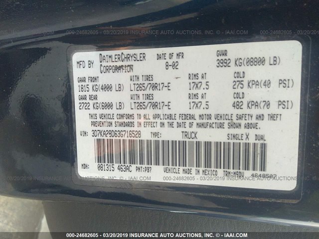 3D7KA28D63G716528 - 2003 DODGE RAM 2500 ST/SLT BLUE photo 9