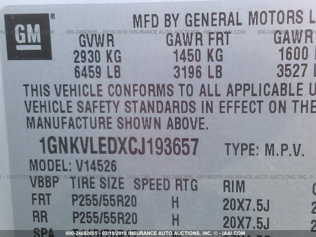 1GNKVLEDXCJ193657 - 2012 CHEVROLET TRAVERSE LTZ SILVER photo 9