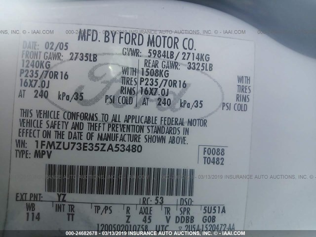 1FMZU73E35ZA53480 - 2005 FORD EXPLORER XLT/XLT SPORT/NBX Ağ foto 9