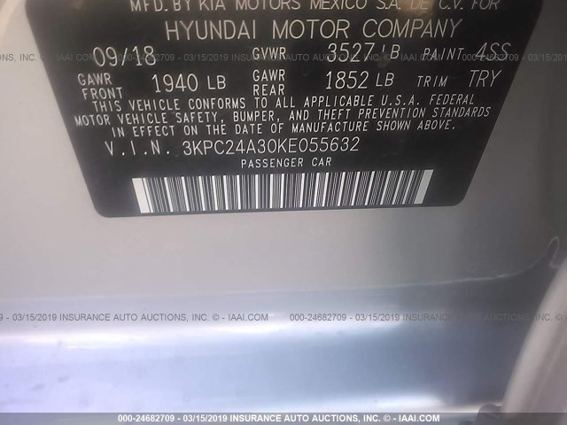 3KPC24A30KE055632 - 2019 HYUNDAI ACCENT SE/SEL SILVER photo 9