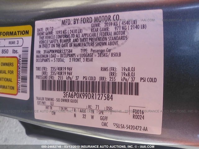 3FA6P0K99DR127584 - 2013 FORD FUSION TITANIUM GRAY photo 9