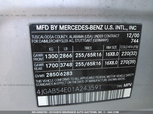 4JGAB54E01A243591 - 2001 MERCEDES-BENZ ML 320 SILVER photo 9