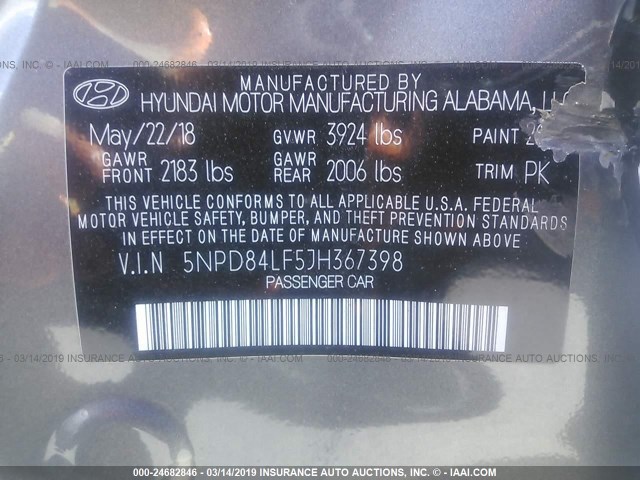 5NPD84LF5JH367398 - 2018 HYUNDAI ELANTRA SEL/VALUE/LIMITED GRAY photo 9