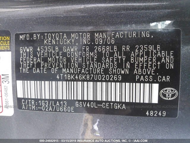 4T1BK46K87U020269 - 2007 TOYOTA CAMRY NEW GENERAT LE/XLE/SE GRAY photo 9